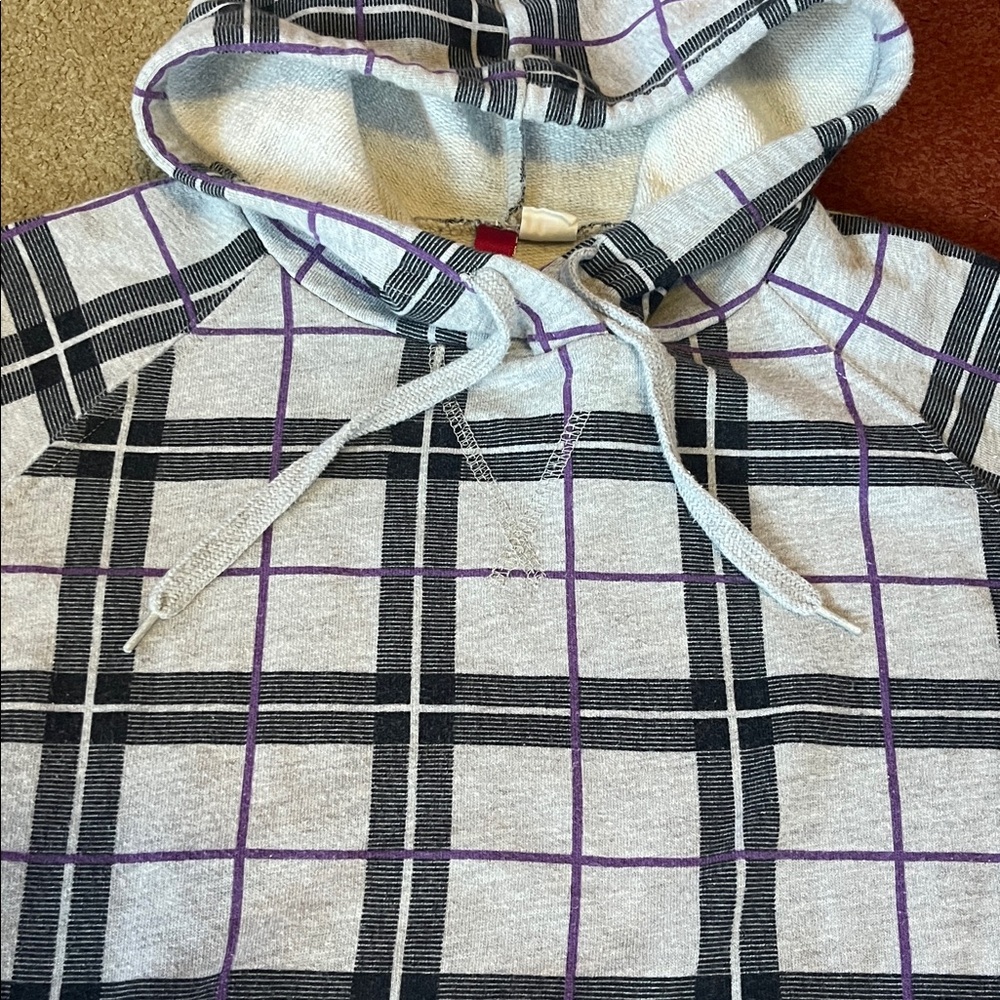 💜🖤Plaid hoodie with front pockets gray+purple+black